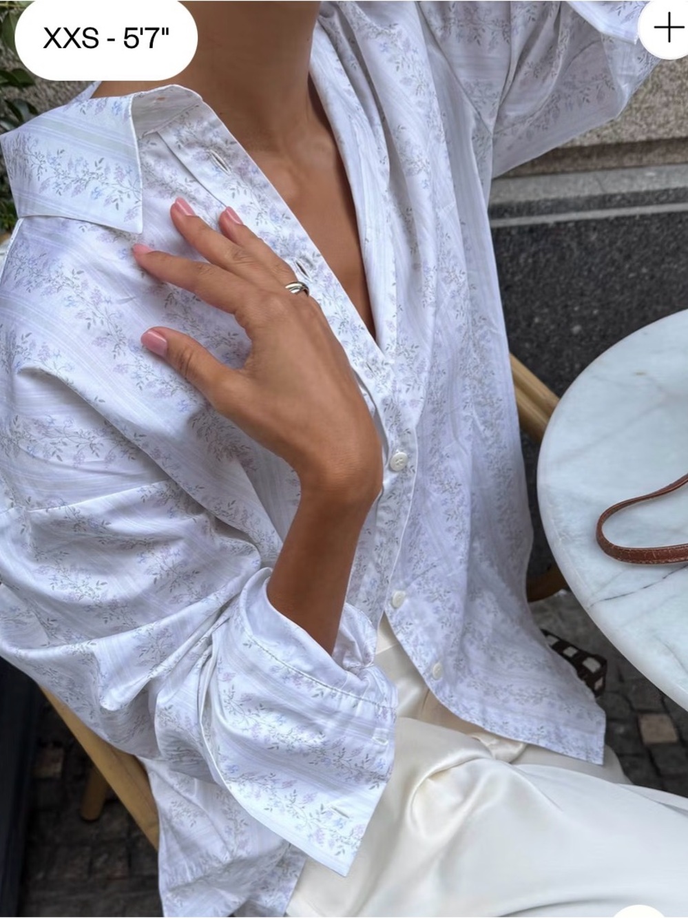 Djerf Avenue White Button-Up Shirt with Pale Lavender Floral Print Delicate